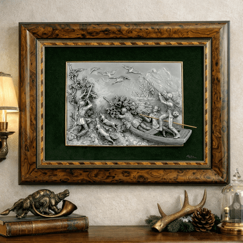 Chasse sur barque - Grand Tableau figurine étain KS 551