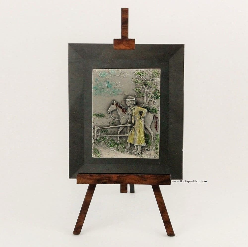 Chevalet en étain sur miroir Femme et cheval