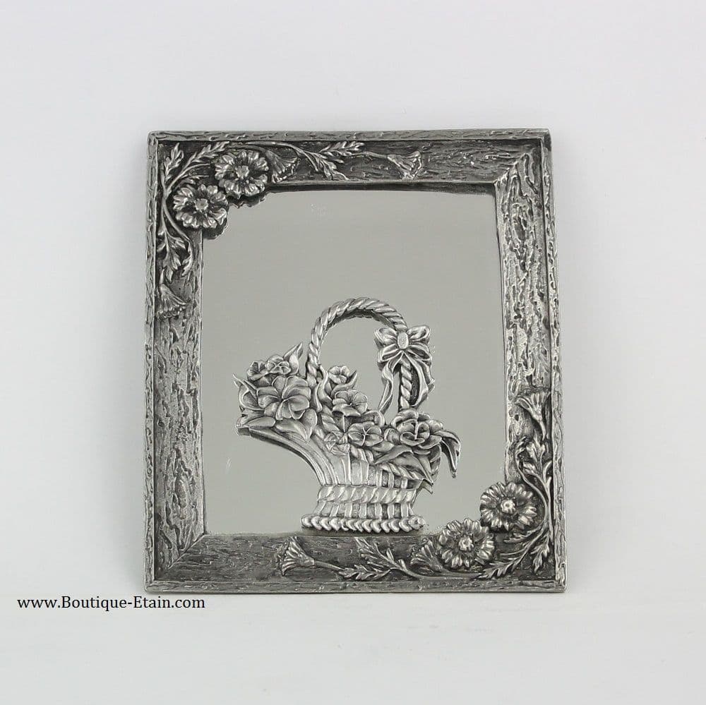 Chevalet panier fleuri en étain et miroir