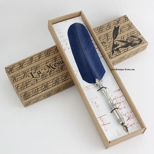 Coffret calligraphie en étain Fleur de Lys plume bleue
