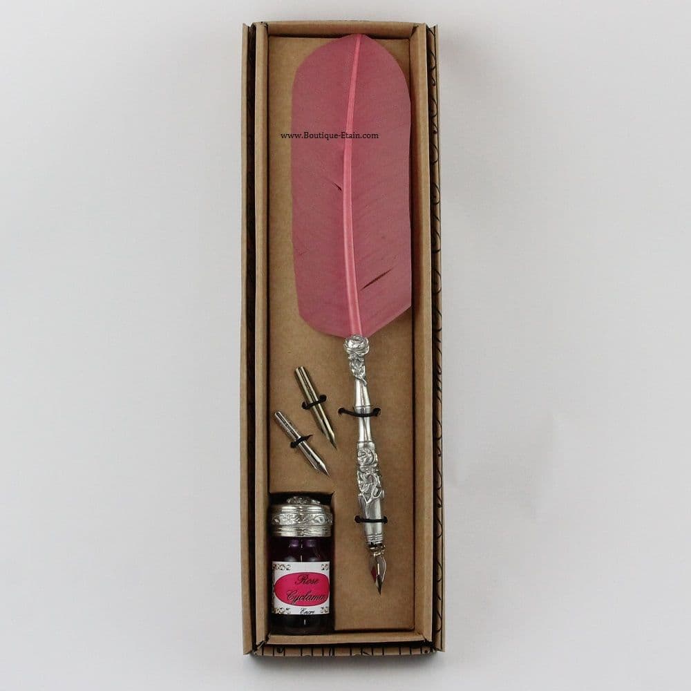 Coffret calligraphie en étain motif Roseet couleur rose Rose
