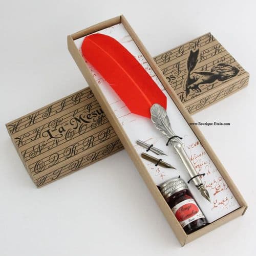 Coffret calligraphie en étain plume couleur rouge