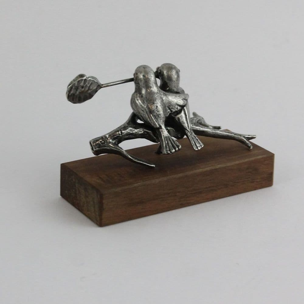 Couple d'oiseaux en étain sur socle bois