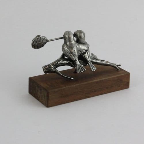 Couple d'oiseaux en étain sur socle bois
