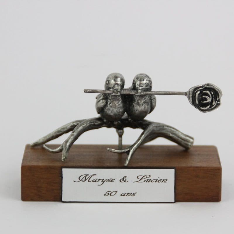 Couple d'oiseaux en étain sur socle bois