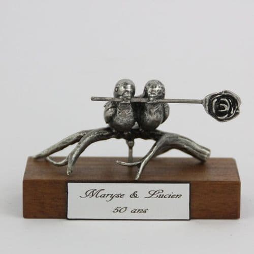 Couple d'oiseaux en étain sur socle bois