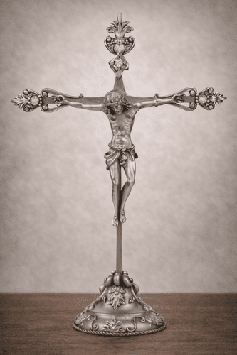 DESTOCKAGE-40% Crucifix en étain sur socle incrusté de cristaux Swarovski