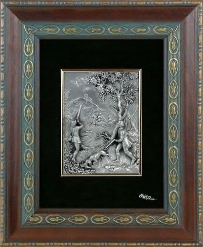 DESTOCKAGE -40% Grand tableau en étain des chasseurs au canard.