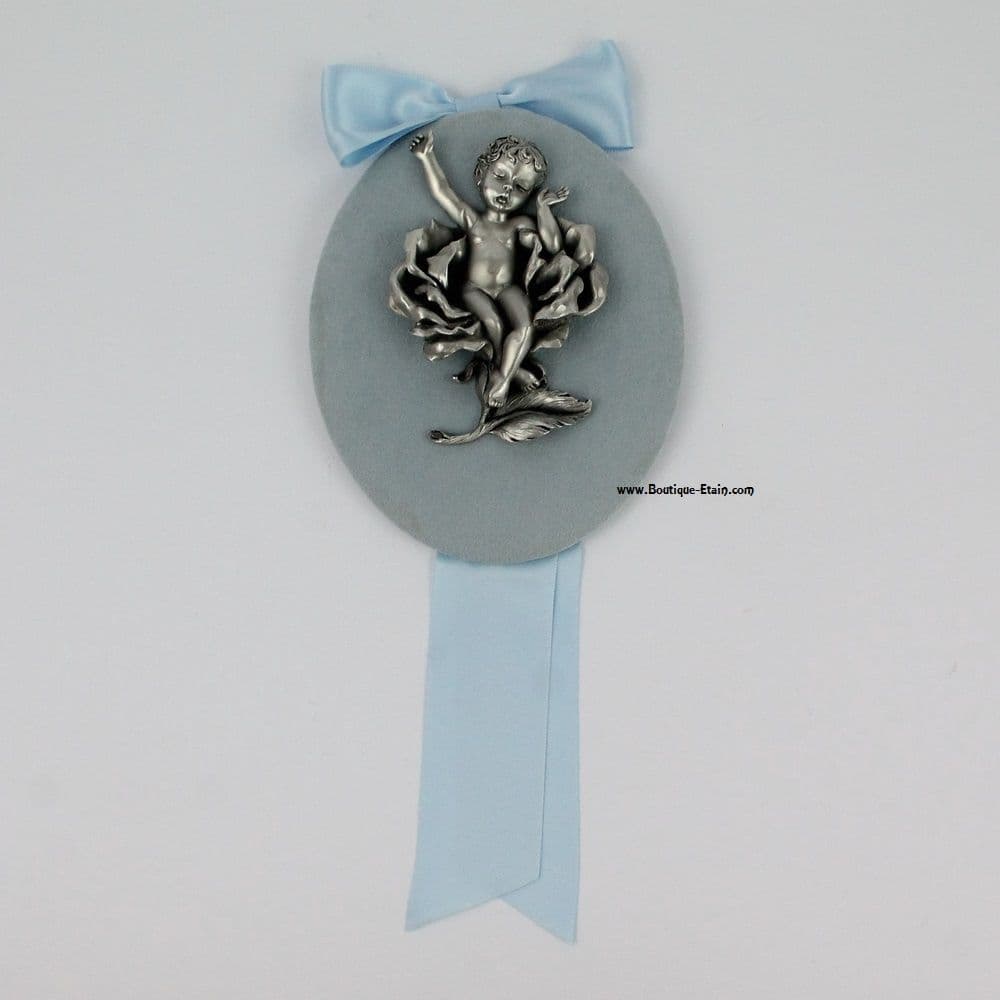 DESTOCKAGE -40% Médaillon mural de naissance forme ovale motif enfant bleu