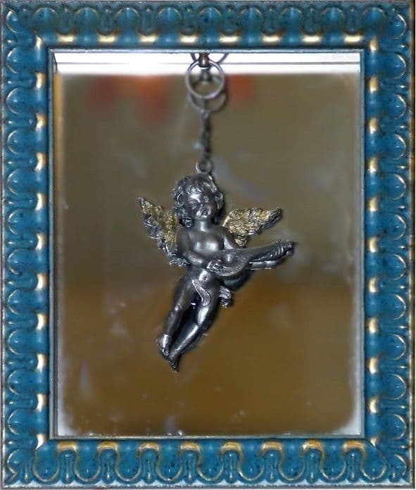 DESTOCKAGE -40% Tableau ange à la cithare en étain sur fond miroir 15,5 x 13cm