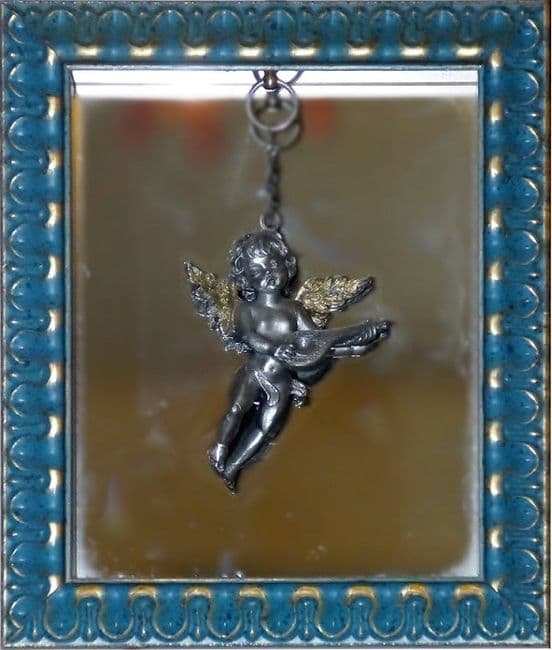 DESTOCKAGE -40% Tableau ange à la cithare en étain sur fond miroir 15,5 x 13cm