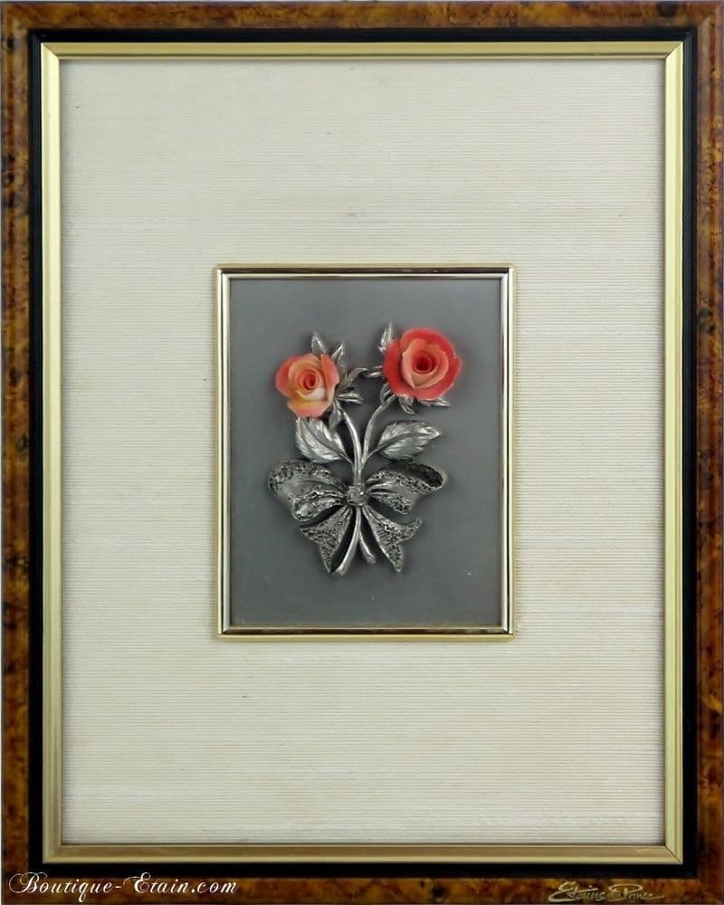 DESTOCKAGE -40% Tableau en étain et roses en porcelaine