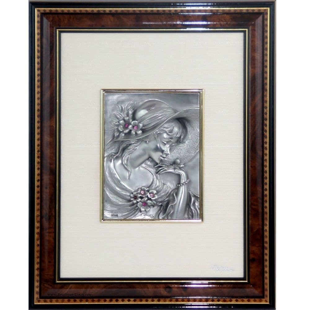 DESTOCKAGE -40% Tableau jeune femme au chapeau en étain