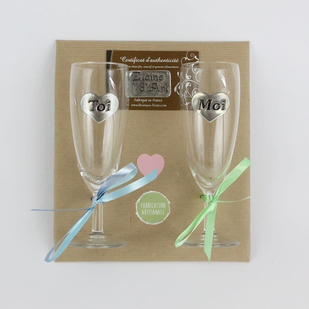 Duo flûtes à Champagne Toi ♥ Moi en étain