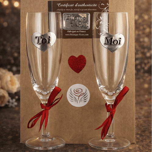 Duo ROUGE flûtes à Champagne Toi ♥ Moi en étain