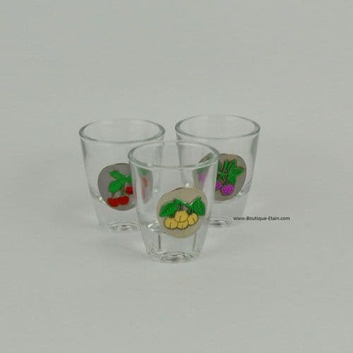 Ensemble de 3 verres à liqueur en verre et étain – Décor fruits