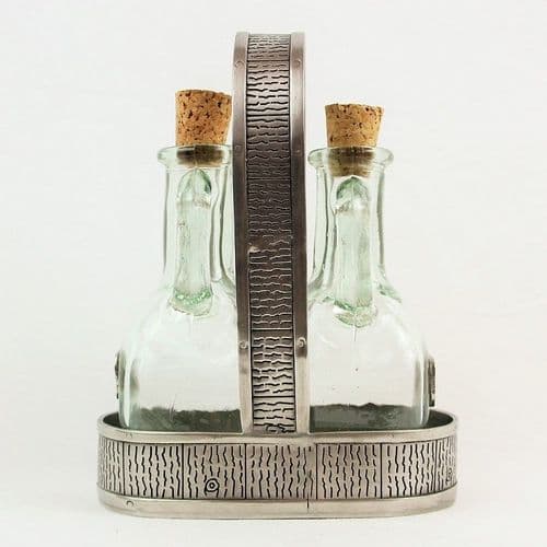 Ensemble huile et vinaigre avec support panier en étain