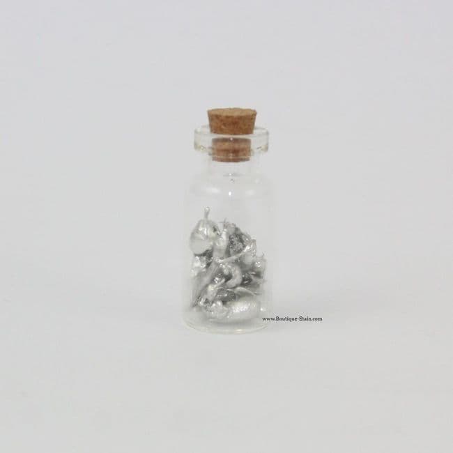 Fiole en verre avec copeaux d'étain h:4cm