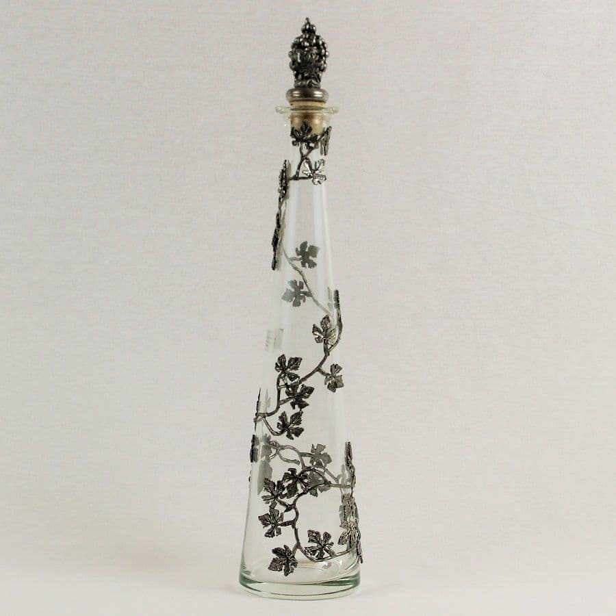 Flacon, carafe à liqueur décor vignes et bouchon en étain