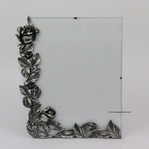 Grand cadre photo sous-verre en étain décor Rose Ht 24cm