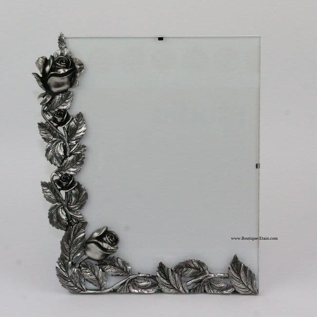 Grand cadre photo sous-verre en étain décor Rose Ht 24cm