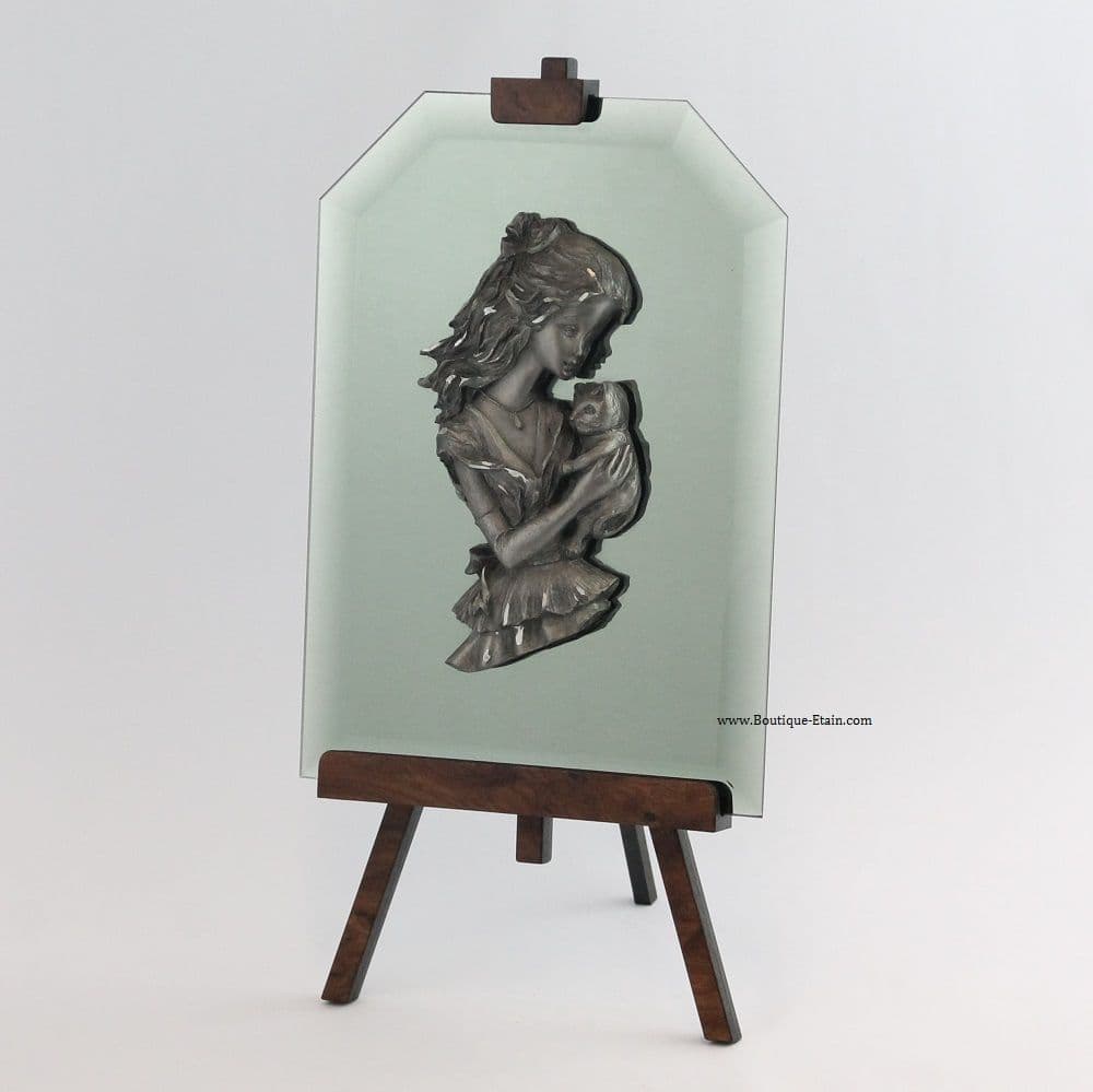 Grand chevalet miroir et étain jeune femme et le chat