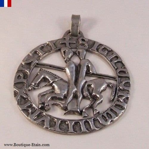 Grand pendentif, médaillon sceau des Templiers en étain.