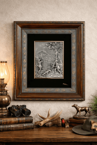 Grand tableau en étain des chasseurs au canard.