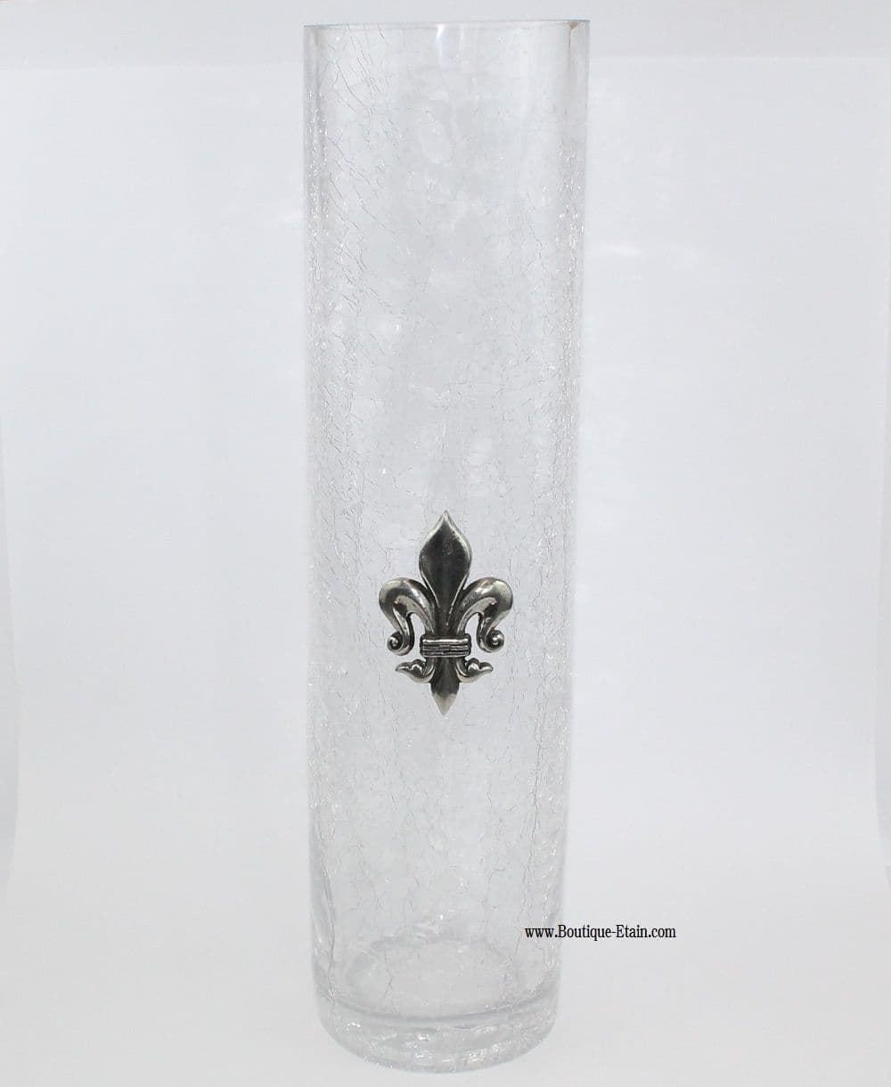 Grand vase en verre craquelé motif fleur de lys en étain — free download