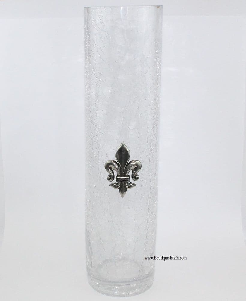 Grand vase en verre craquelé motif fleur de lys en étain