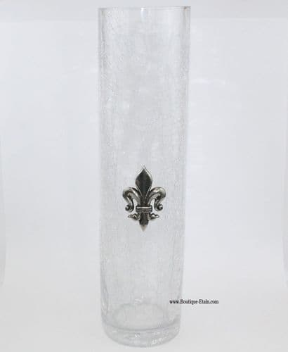 Grand vase en verre craquelé motif fleur de lys en étain