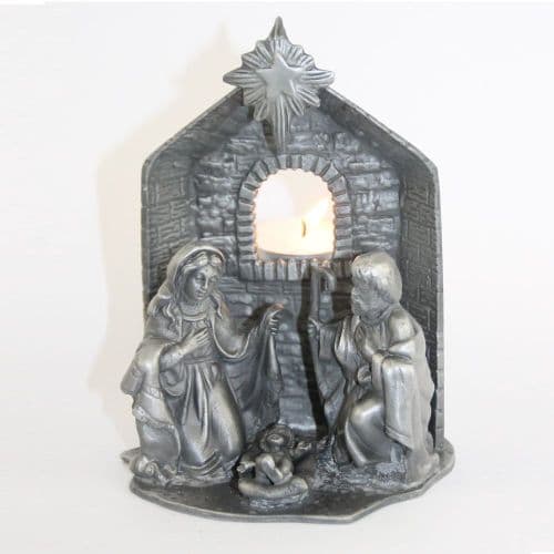 Grande crèche avec bougeoir en étain
