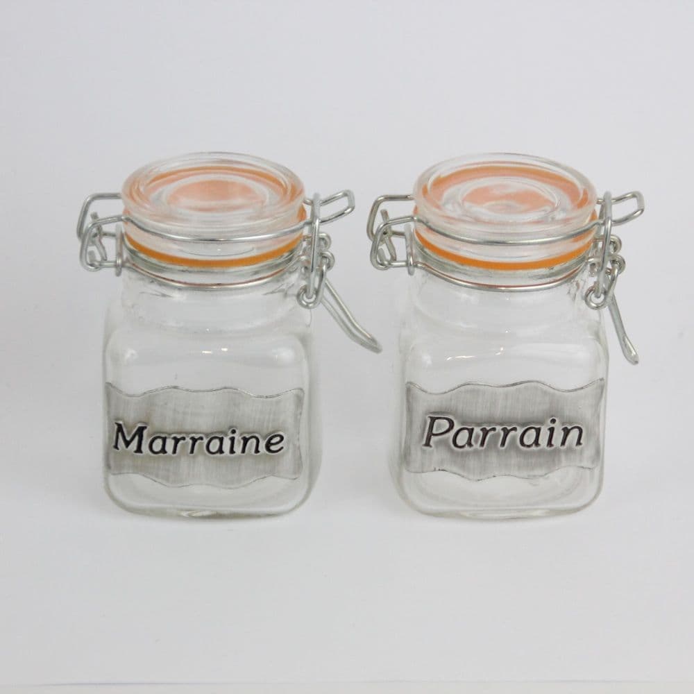 Lot de 2 contenants à dragées Parrain & Marraine avec étain