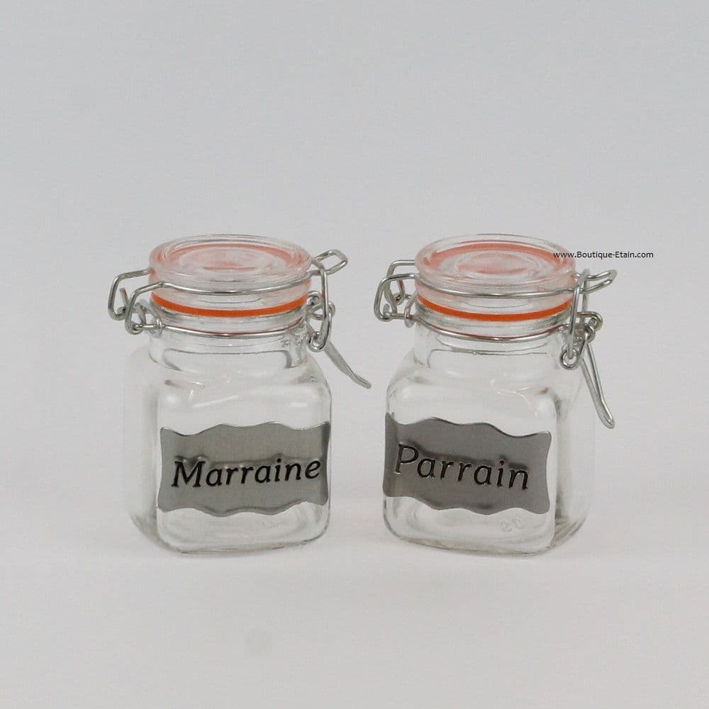 Lot de 2 contenants à dragées Parrain & Marraine avec étain