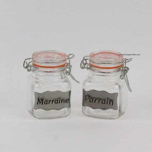 Lot de 2 contenants à dragées Parrain & Marraine avec étain