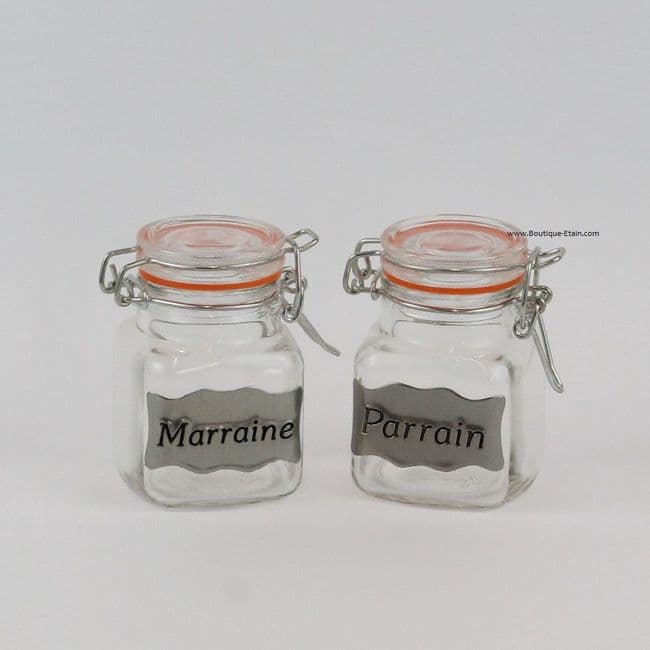 Lot de 2 contenants à dragées Parrain & Marraine avec étain