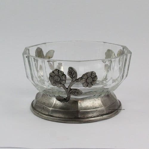 Petit bol fleuri en verre et étain