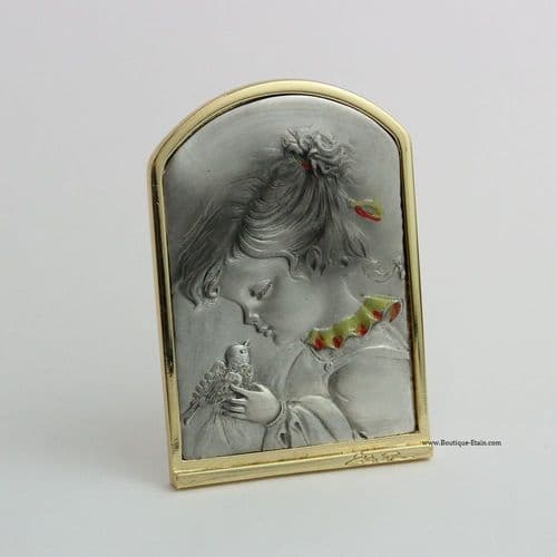 Petit chevalet en étain et dorure enfant à l'oiseau