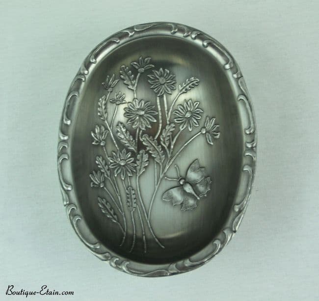 Petite coupe, coupelle ou corbeille, panier fleuri en étain