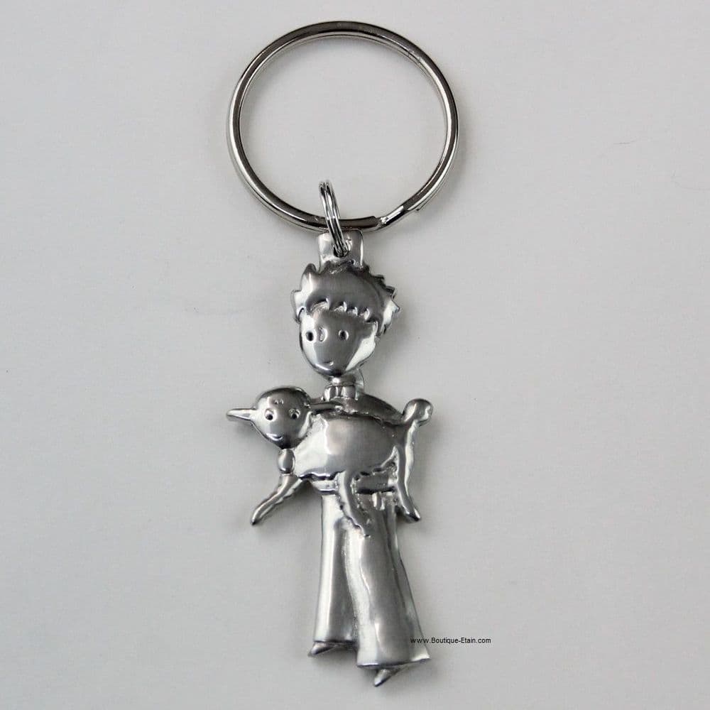 Porte-clés ou porte-clefs Le petit Prince et son mouton en étain.
