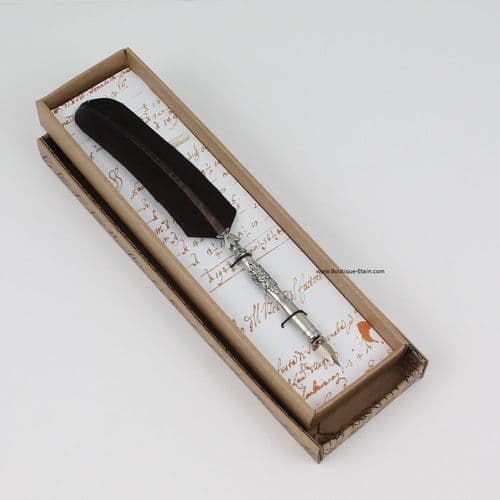 Porte Plume en étain décor Abeille et plume marron