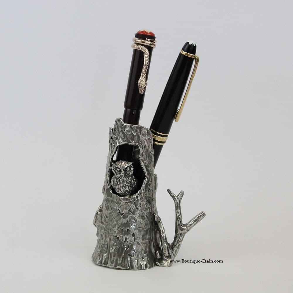 Pot à crayon tronc creux et hibou en étain