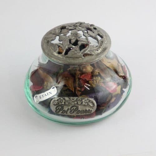 Pot pourri en verre et étain décor fleuri