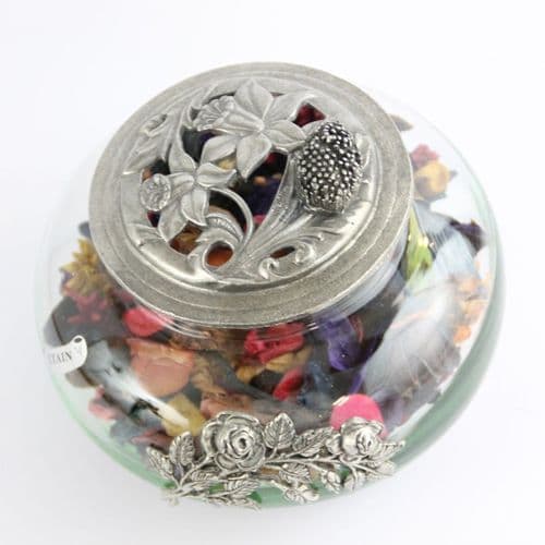 Pot pourri en verre et étain décor fleurs et hérisson
