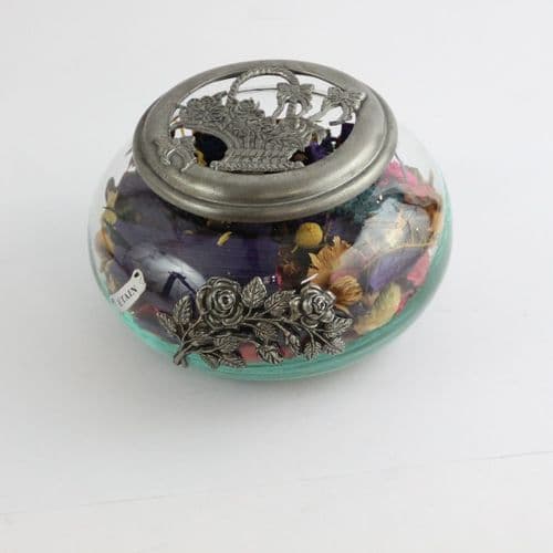 Pot pourri en verre et étain décor panier fleuri