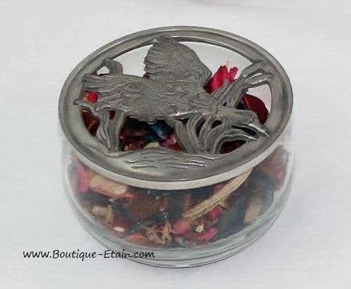 Pot pourri thème canard ou chasse en verre et étain