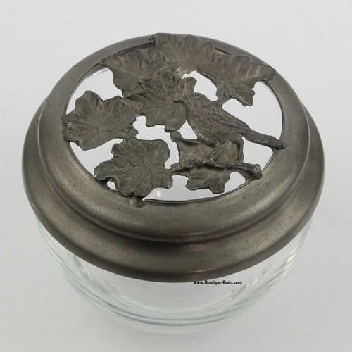 Pot pourri thème oiseau en verre et étain