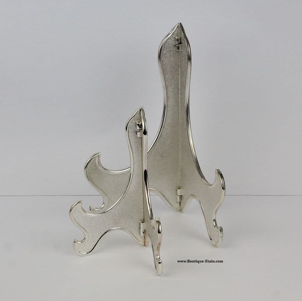 Présentoir assiette, support pliable en métal argenté