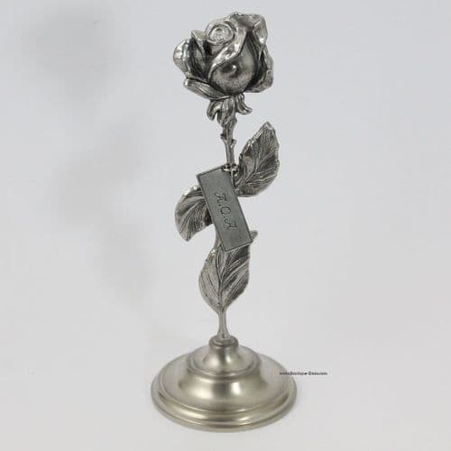 Rose en étain sur pied à poser avec socle 21cm et étiquette gravée Love