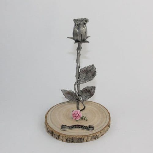 Rose en étain sur socle bois "10 ans"
